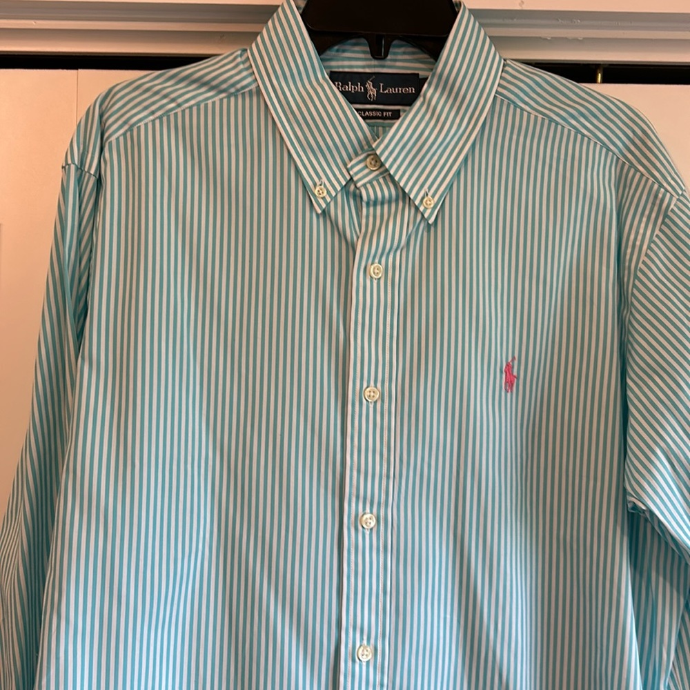 New with tags-Teal and white classic fit Ralph Lauren button-down.